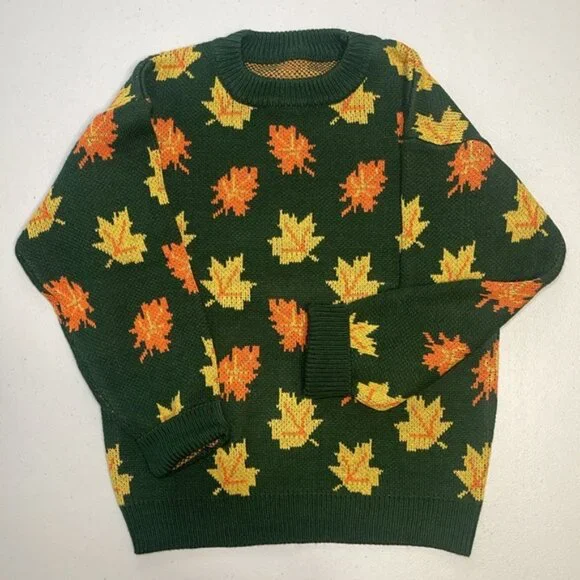 NEW Big Cozy Fall Leaf Sweater - KPJ Green Fall Leaf Knit - Women's Medium - Picture 2 of 12